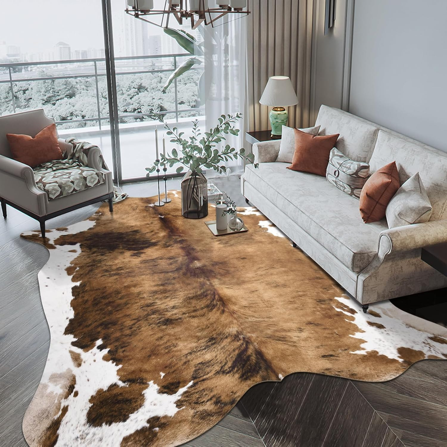 Luxury Faux Cowhide Rug 4.6X5.2 Feet Western Cow Print Area Rugs for Living Roo