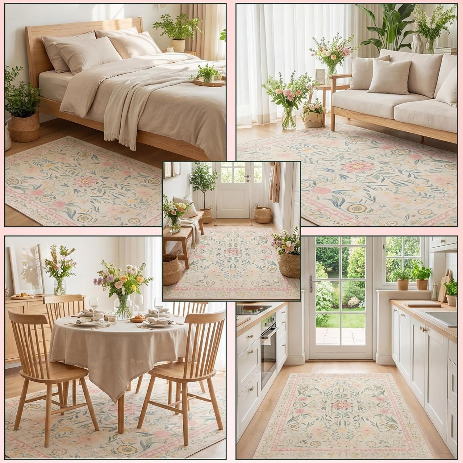 Pale Pink Rug for Girls Room, 5×7 Floral Washable Area Rug Non Slip, Boho Low…