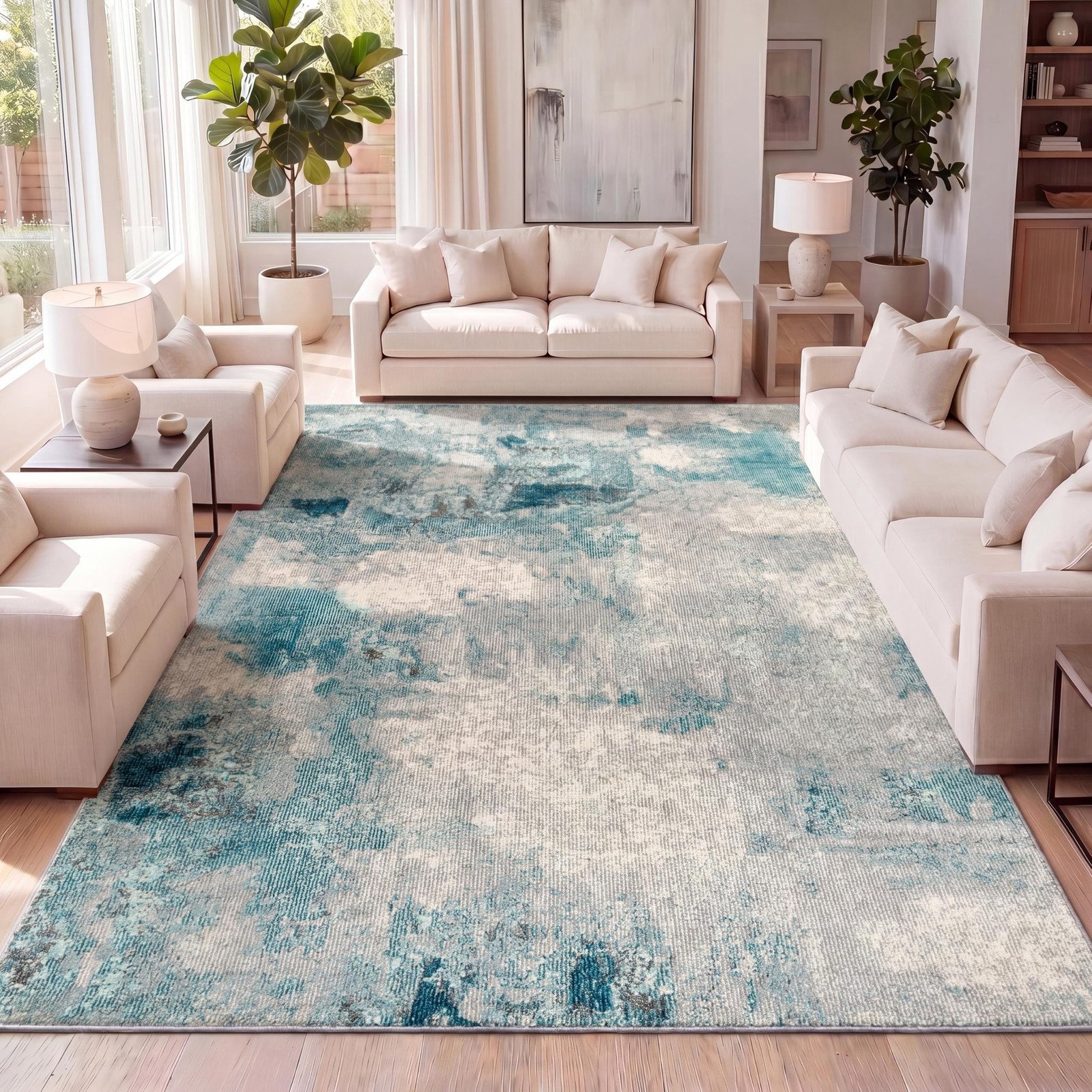 Modern Abstract Vintage Cream/Blue Indoor Area Rug, 5×8, Contemporary POP, Tr…