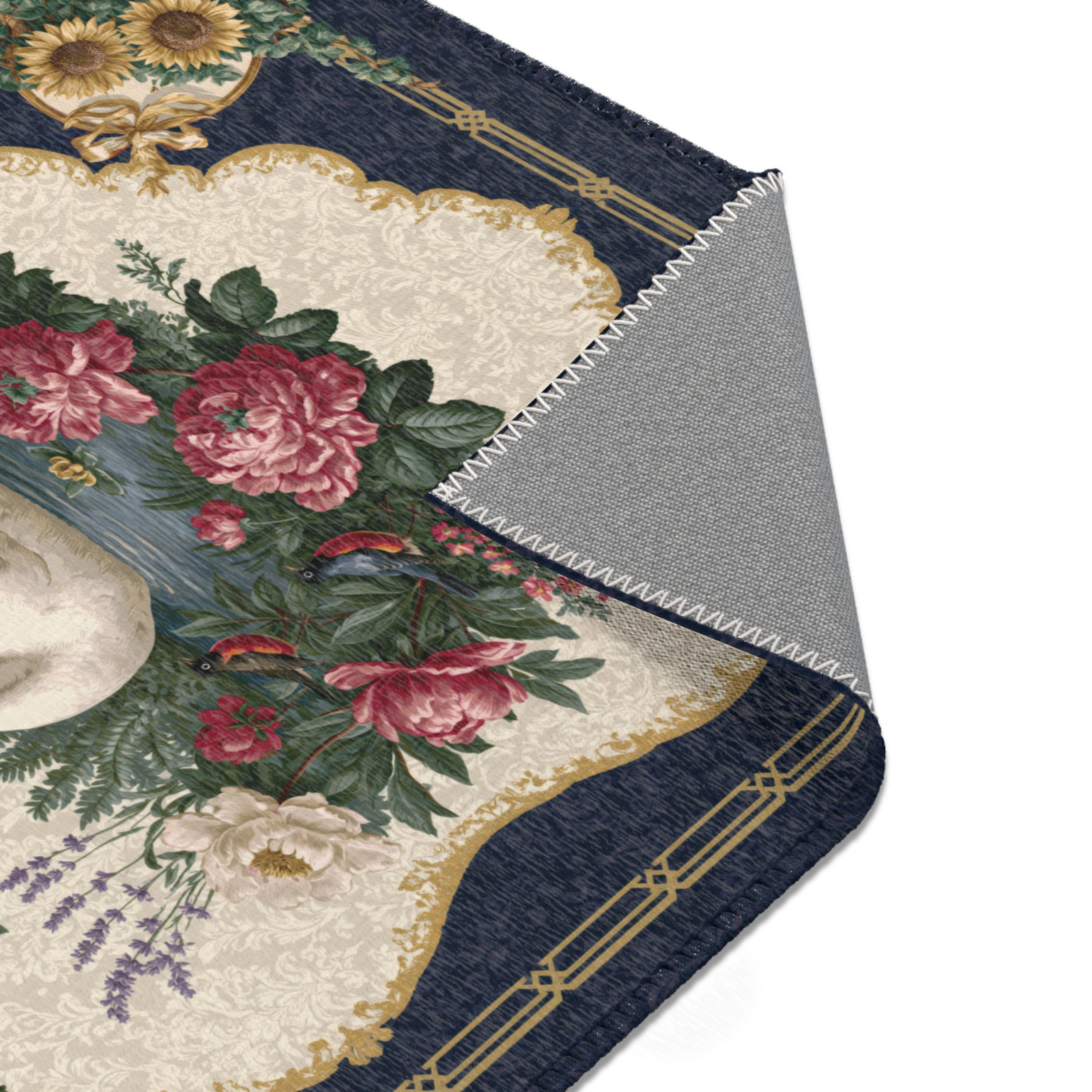 Swan Floral Area Rug Navy Blue Rose Botanical Bird Floor Rug Elegant Cottagecore