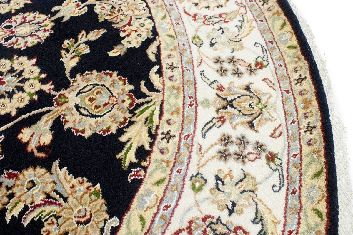 Handmade Indo-Nain Dark Navy Floral Medallion Oriental Round Rug Carpet 6X6 ft