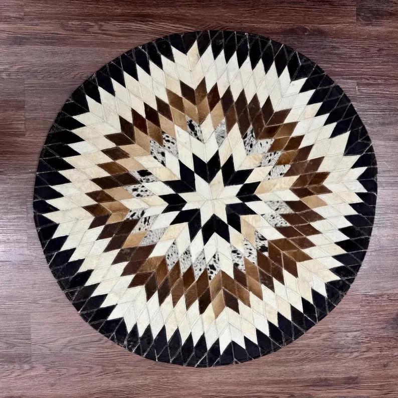 Round Cowhide Patchwork Rug Handmade Hair On Leather Western Area Rug Rustic