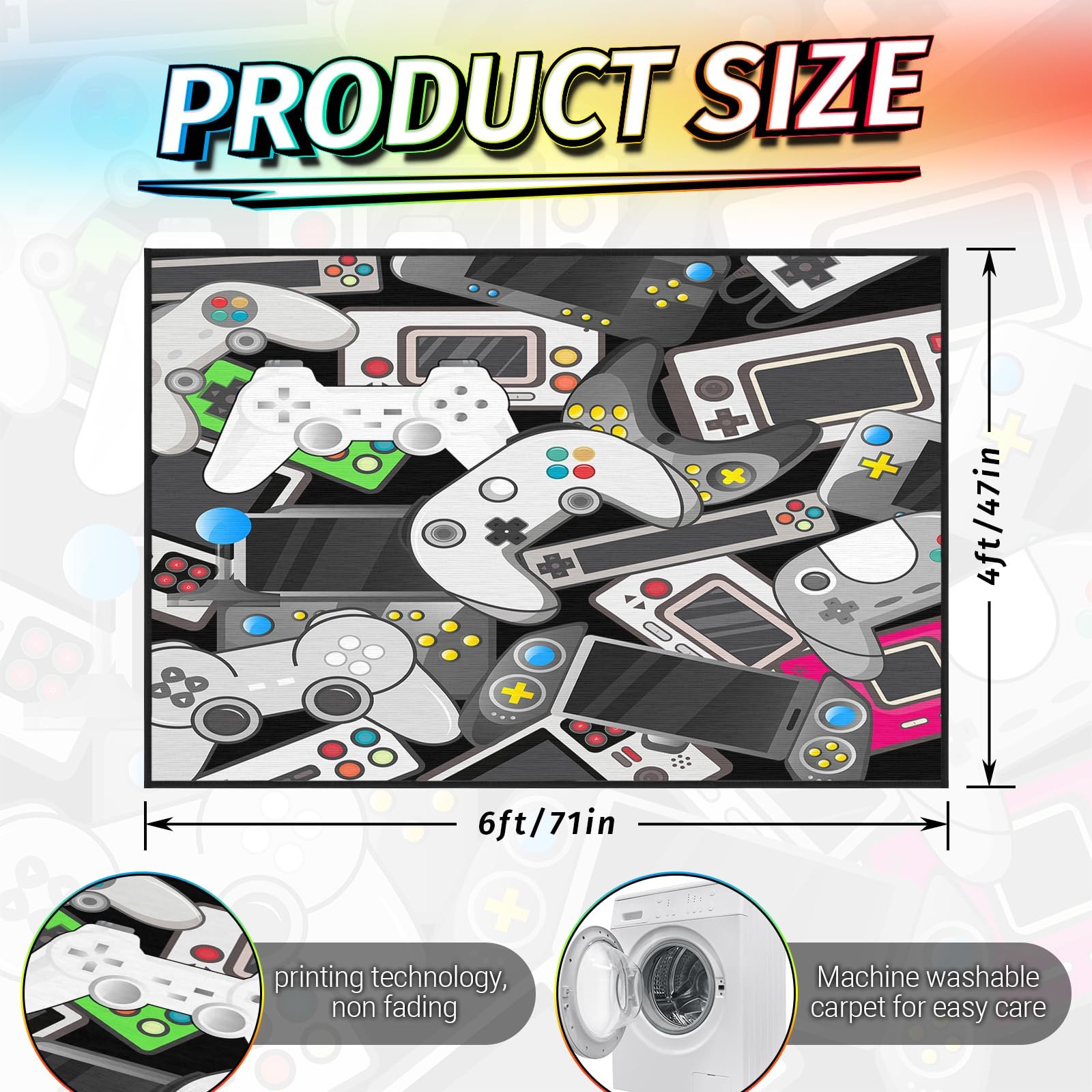 4×6 FT Gaming Rug For Boys Room Video Game Area Gamer Carpet AntiSlip Mat Gray
