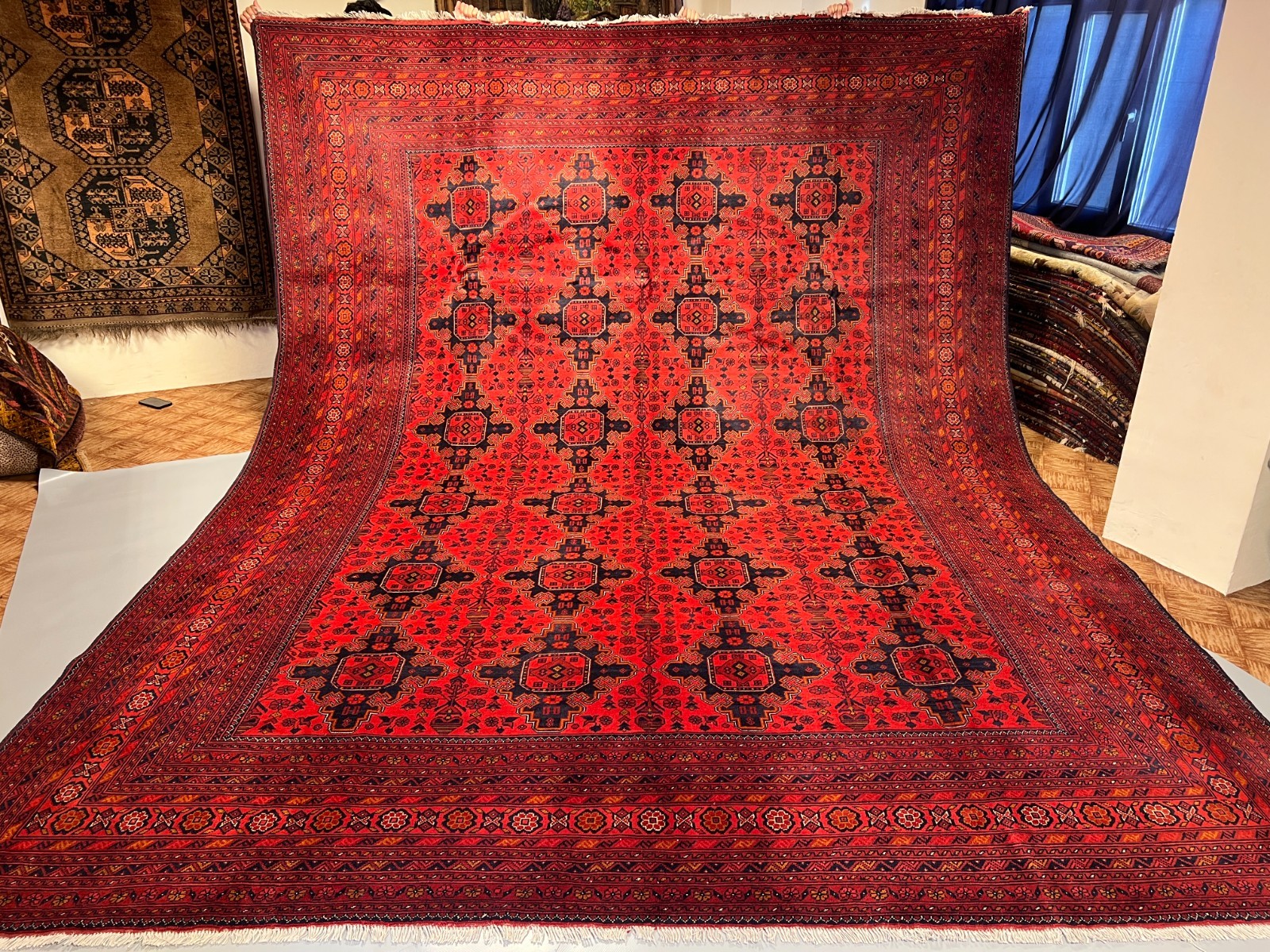 9’11 x 13’3 Ft Striking Afghan Tribal Hand Knotted Wool Rug Red Navy Geometric