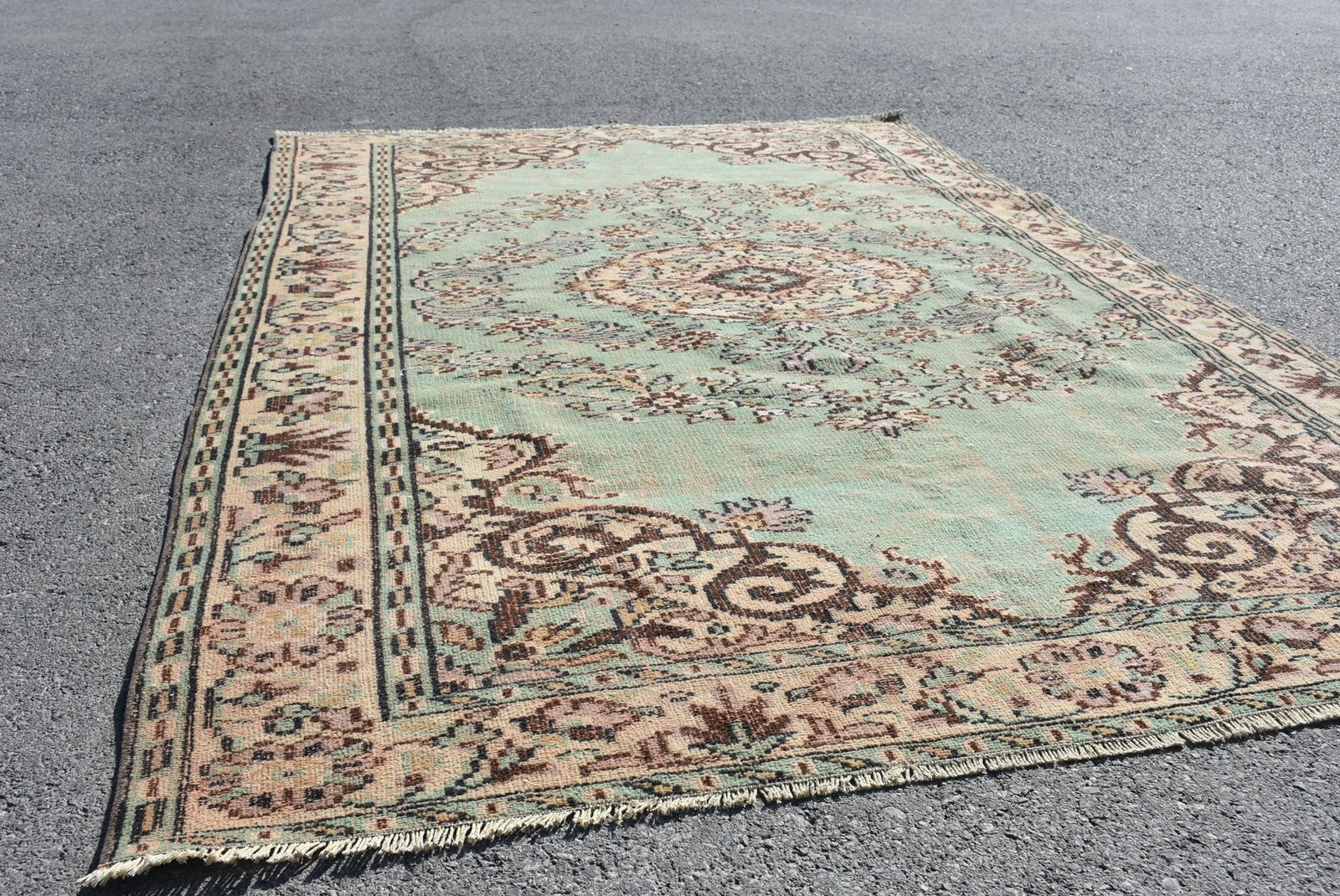Turkish Rug, 5,9×8,9 ft Large Rug, Green Brown Wool Rug