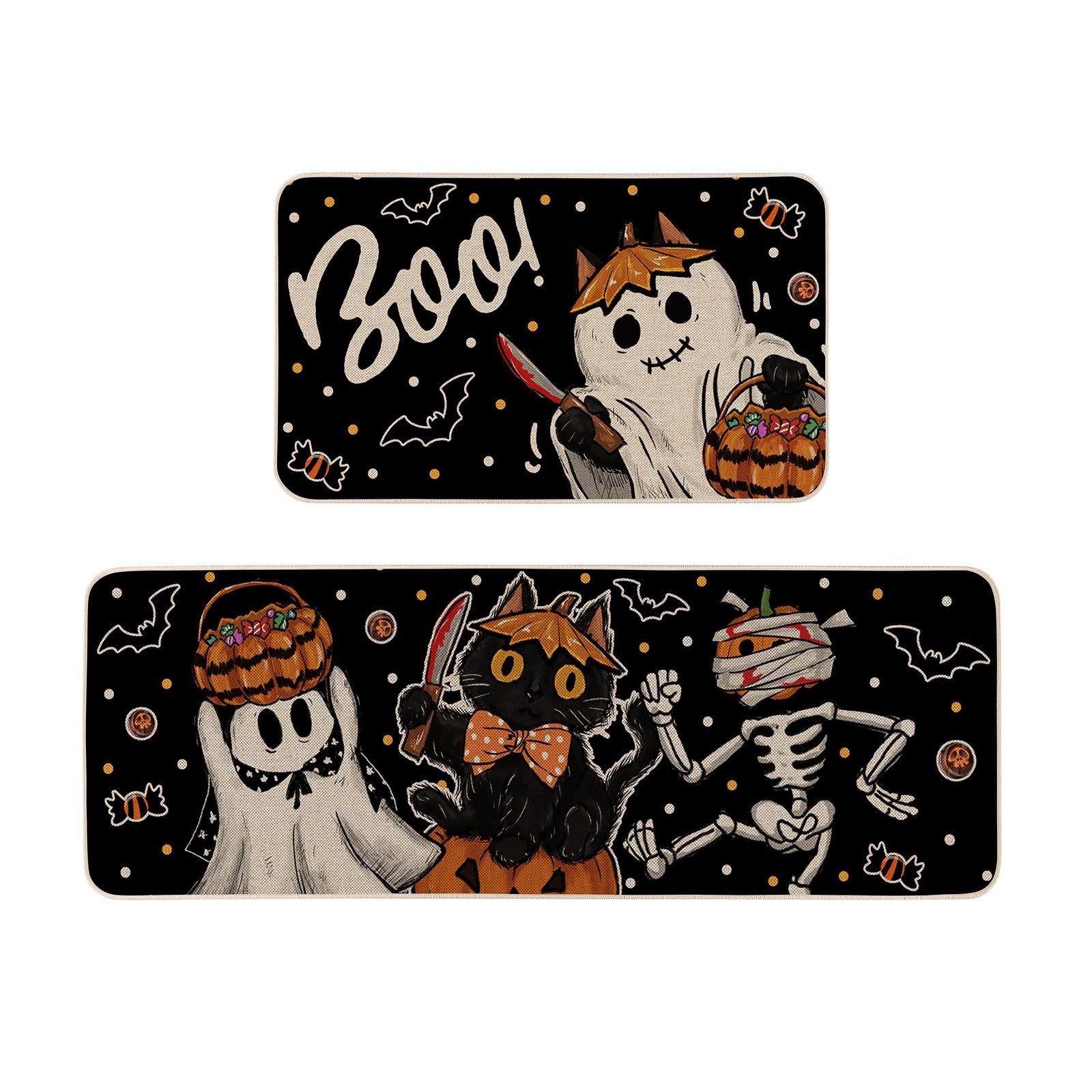 Boo Black Cat Skeleton Pumpkin Kitchen Rugs Set of 2 17×29&17×47 Inch,