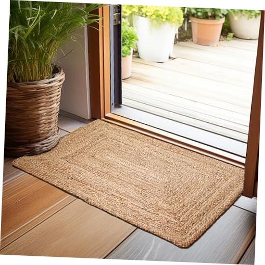Hand Woven Jute Braided Rug, 2’x3′ – Natural, Reversible Boho Entry Area Rugs