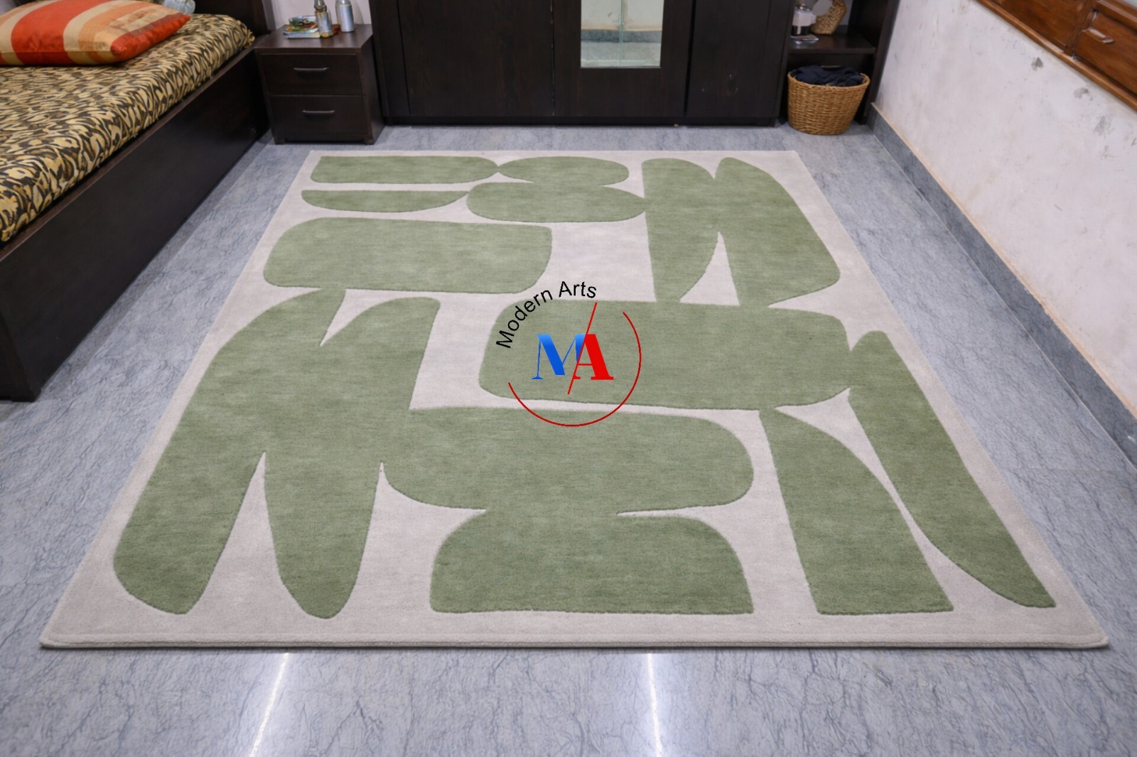 Hand Tufted Wool Area Rug Abstract Green Light Grey Modern Geometric Carpet