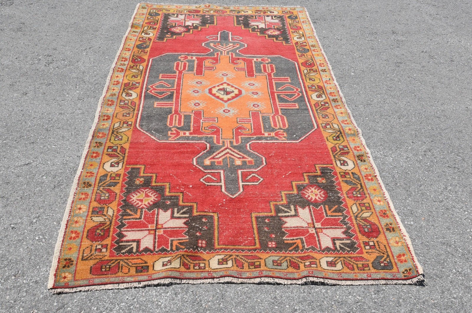 Vintage Rug, 4,4×9,4 ft Large Rug, Red Orange Wool Rug