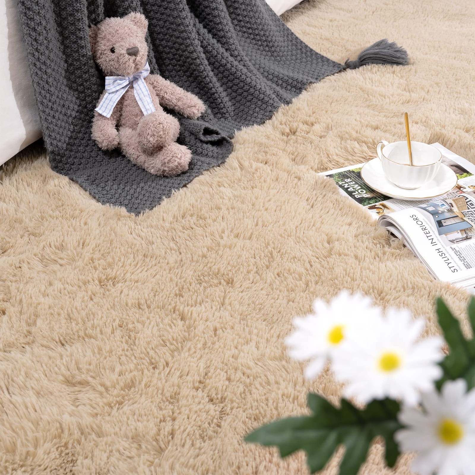 2X3 Rug Small Beige Rug Fluffy Rugs for Bedroom Kicthen 2 x 3 Feet Light Tan