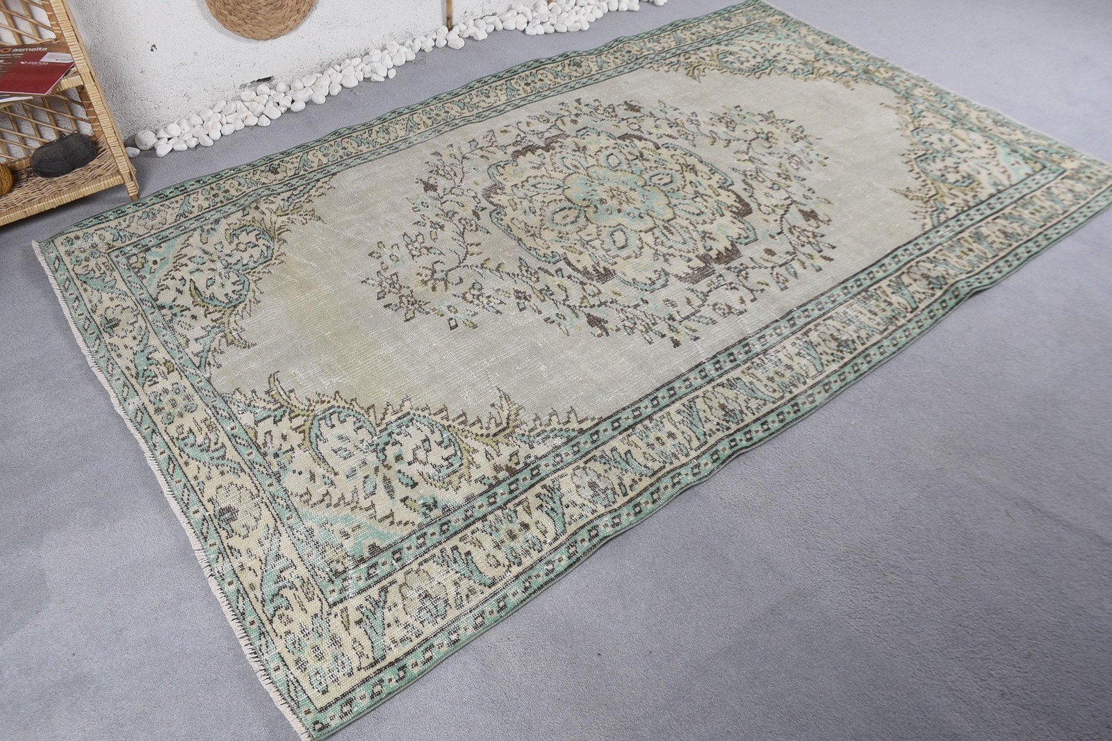 5,4×8,6 ft Rug, Turkish Vintage Large Rug, Beige Wool Rug
