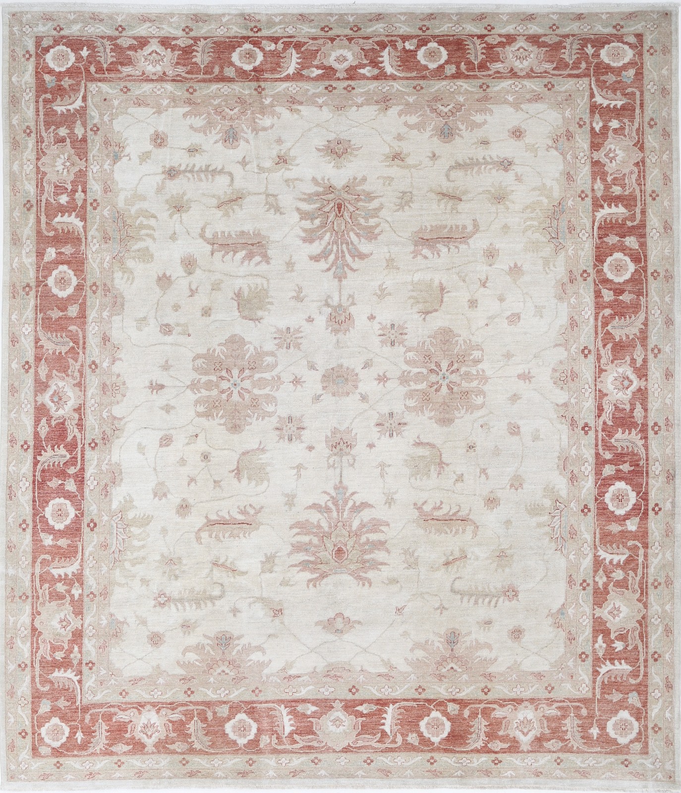 9.8×11.2 ft Hand Knotted Floral Large Area Rug with Ivory Field and Red Border