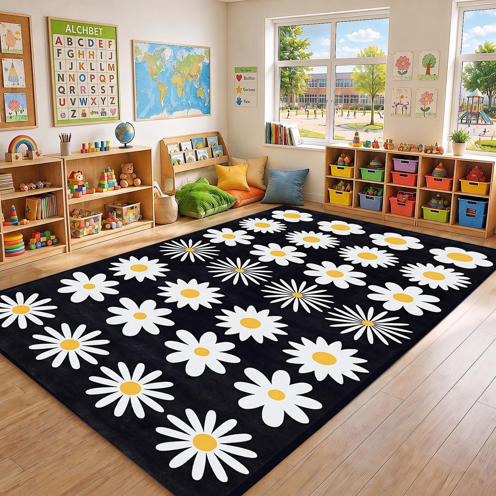 Moucuny 6.5 x 11.5 ft Large Classroom Rug Elementary, Black Daisy Educational…