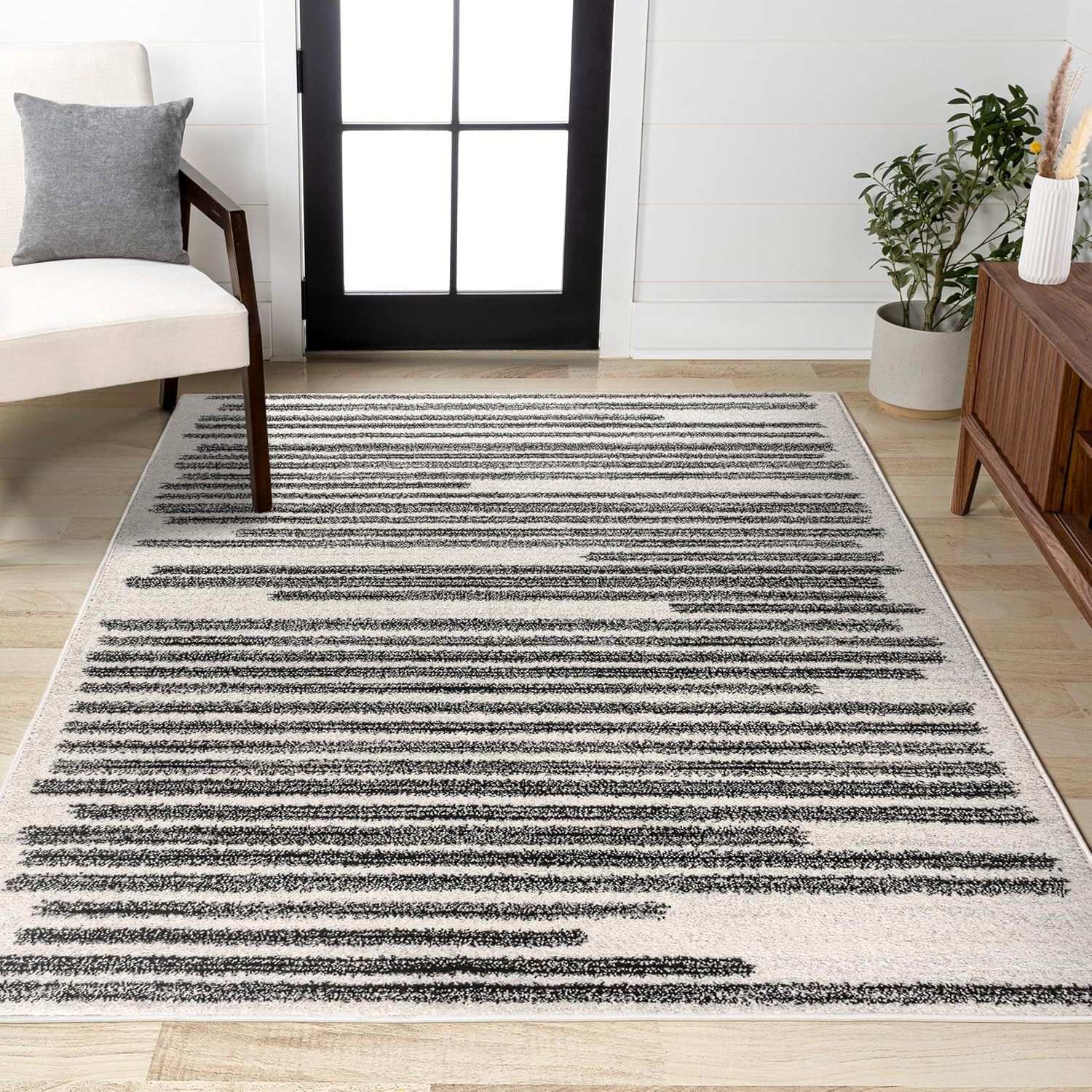 Khalil Modern Berber Stripe Cream/Black Area Rug, 10×13, Easy-Clean, Pet Friendl
