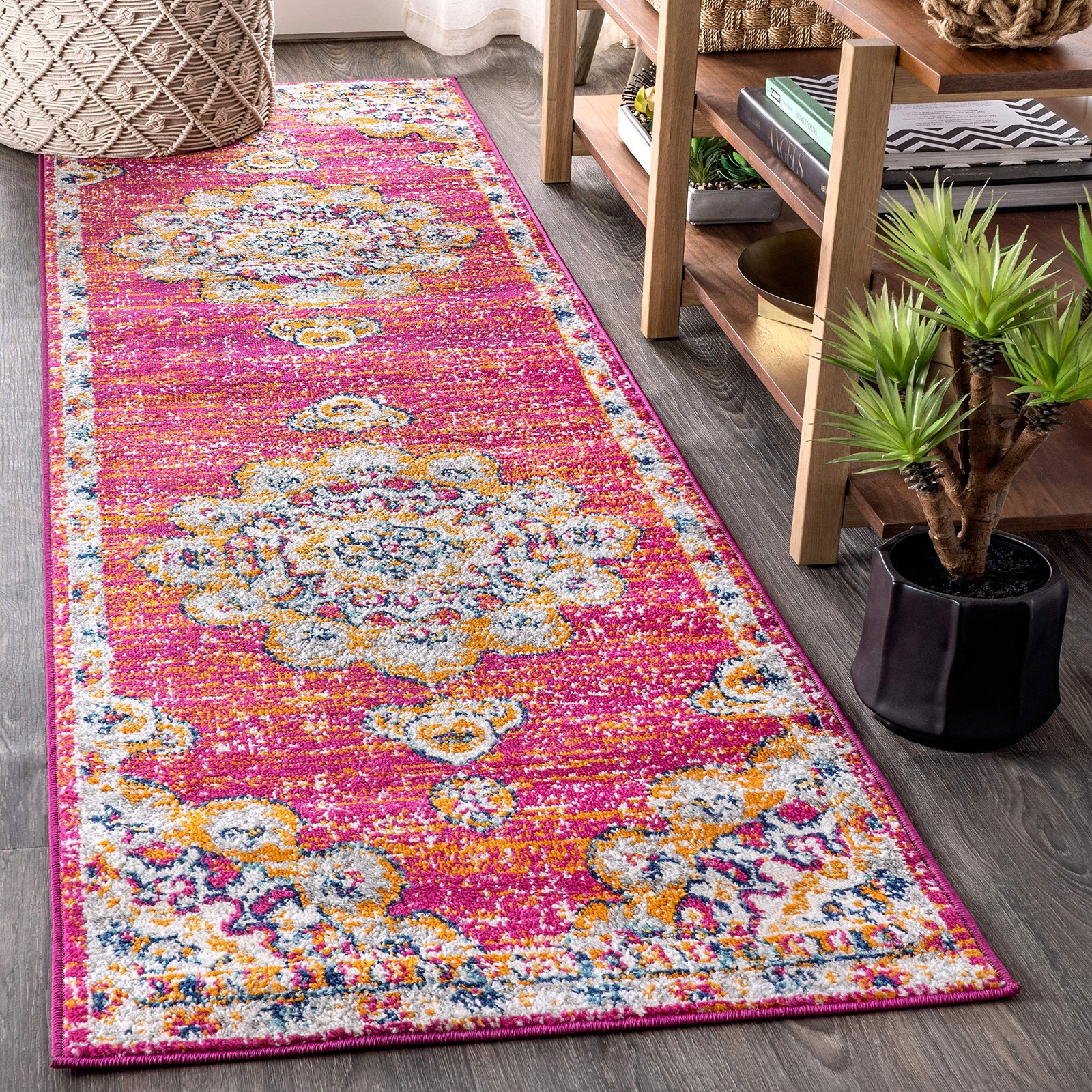 Boho Vintage Pink/Cream Runner Rug, 2×8, Bohemian Flair Medallion, Chic, Flor…