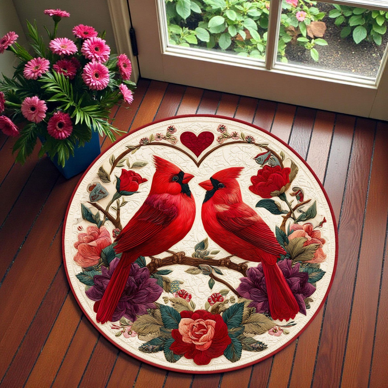 Romantic Red Cardinal Bird Round Rug Valentine’s Day Wedding Anniversary Decor