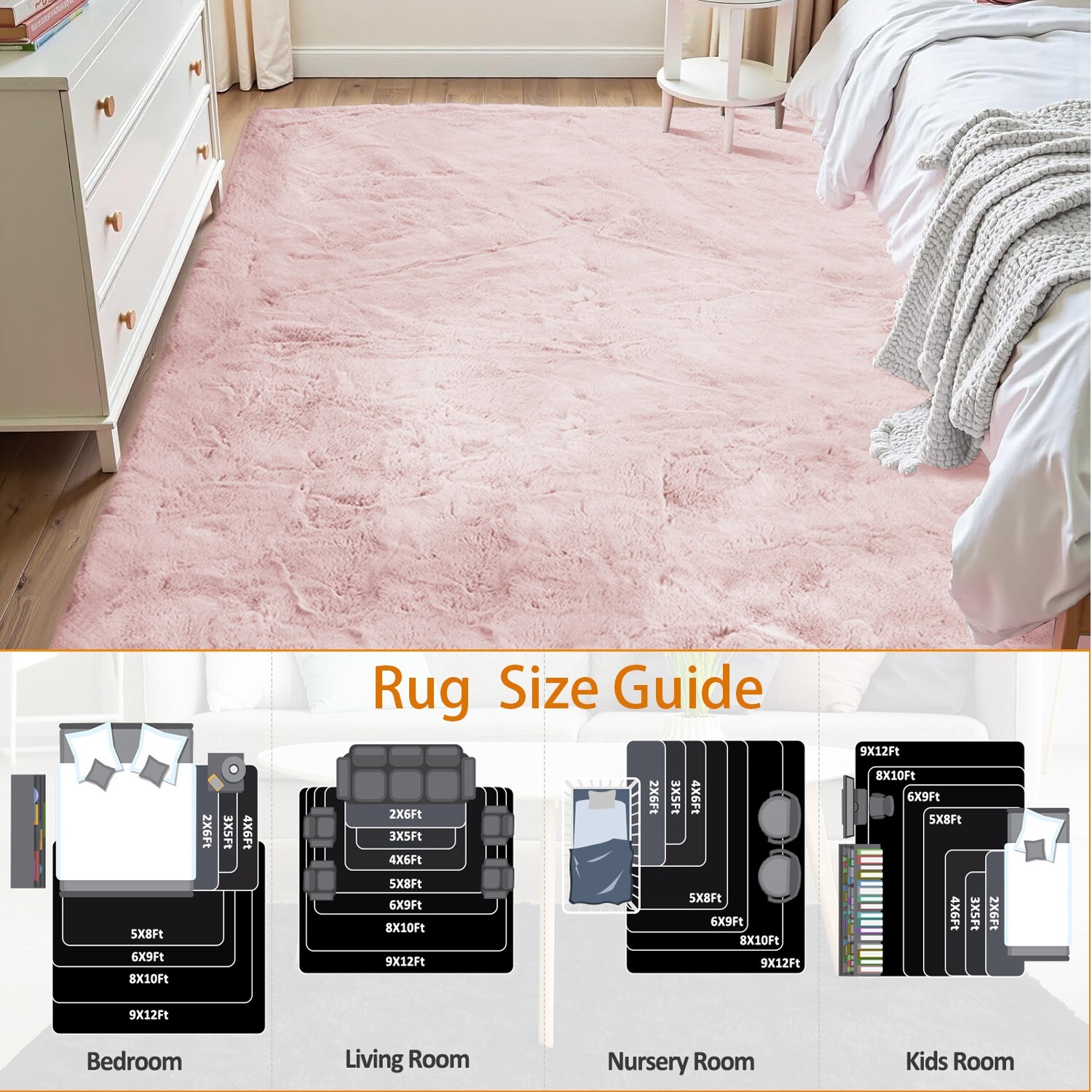 Fluffy Fuzzy Faux Rabbit Fur Area Rug Washable Rug Luxury Furry Soft Rug Pink