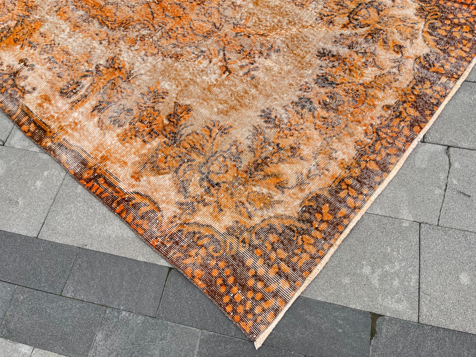 5.4×9.3 Ft Vintage Overdyed Turkish Rug Distressed Oushak Orange Wool 5×9