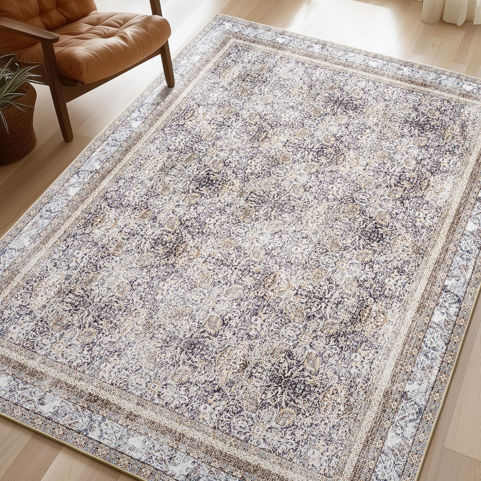Phantoscope Washable Area Rug 5’x7′ Non-Slip Light Brown Boho Floral Medallion