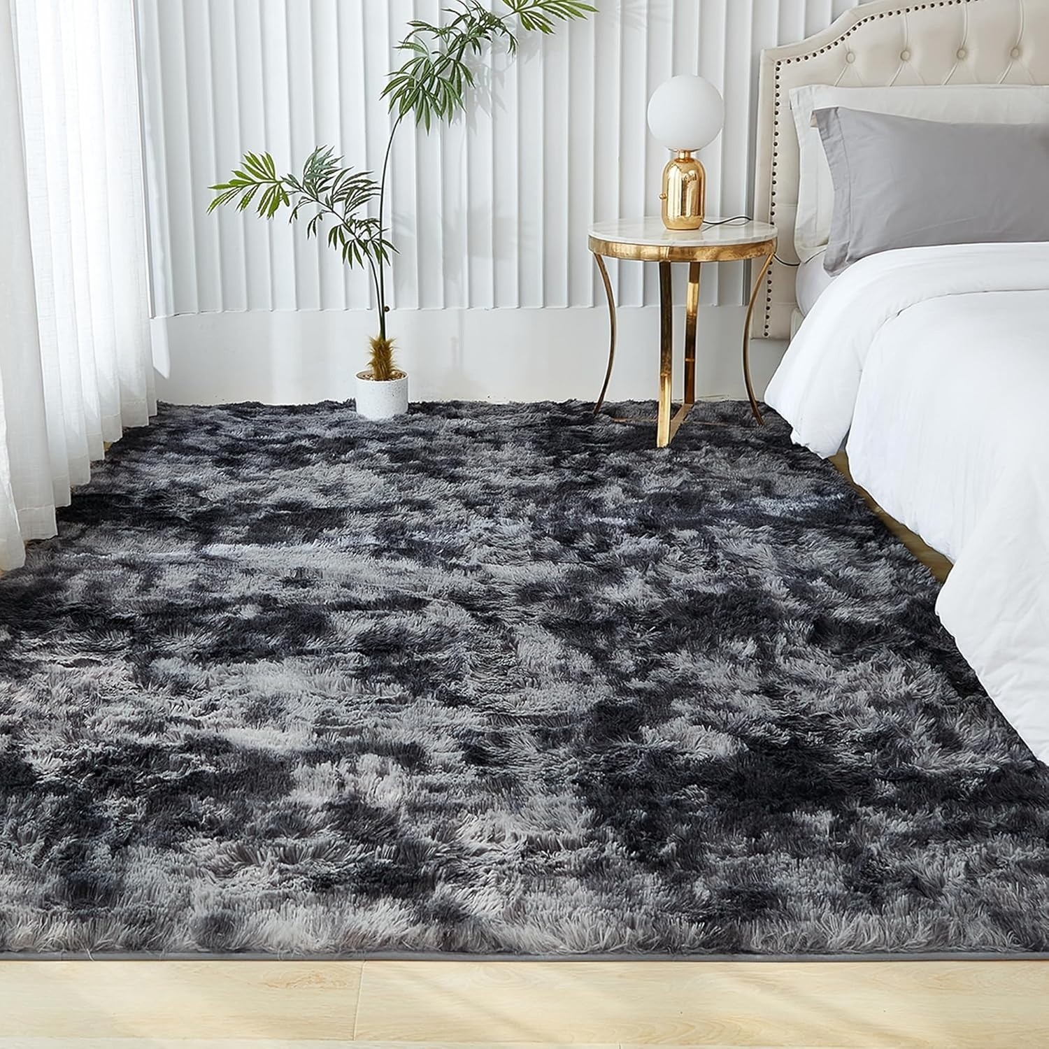 Alfombra de pelo largo de 4×6 para sala de estar, gris oscuro teñido anudado NEW