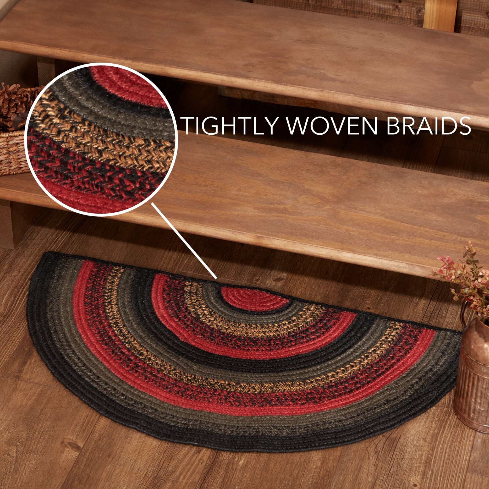 Cumberland JUTE Half Circle RUG Country Primitive Red Green Black Natural Olive