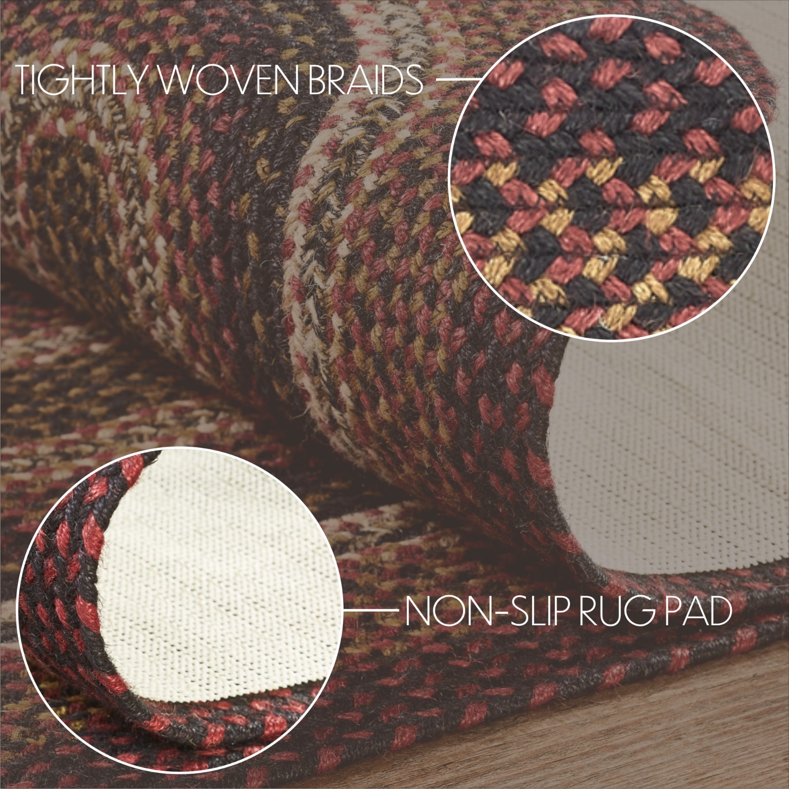 Primitive Country Rustic BLACK MUSTARD RED Braided RUG Floor Area Rug 60″x96″
