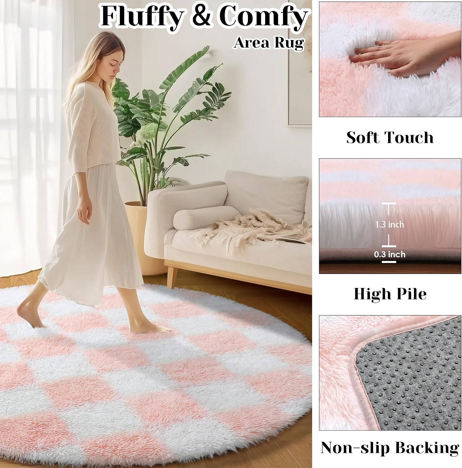 Pink round Rug 4Ft for Girls Bedroom, Fluffy Soft Circle Area Rug Cute
