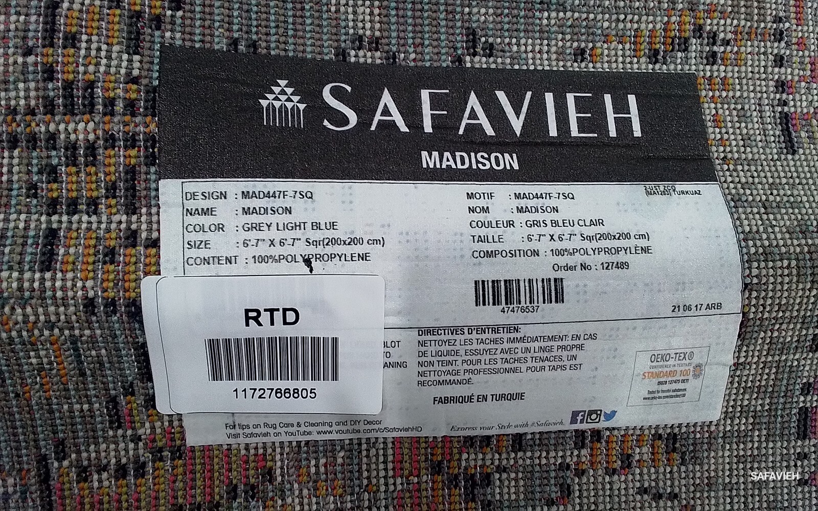 GREY / LIGHT BLUE 6′-7″ x 6′-7″ Flaw in Rug Reduced Price 1172766805 MAD447F-7SQ