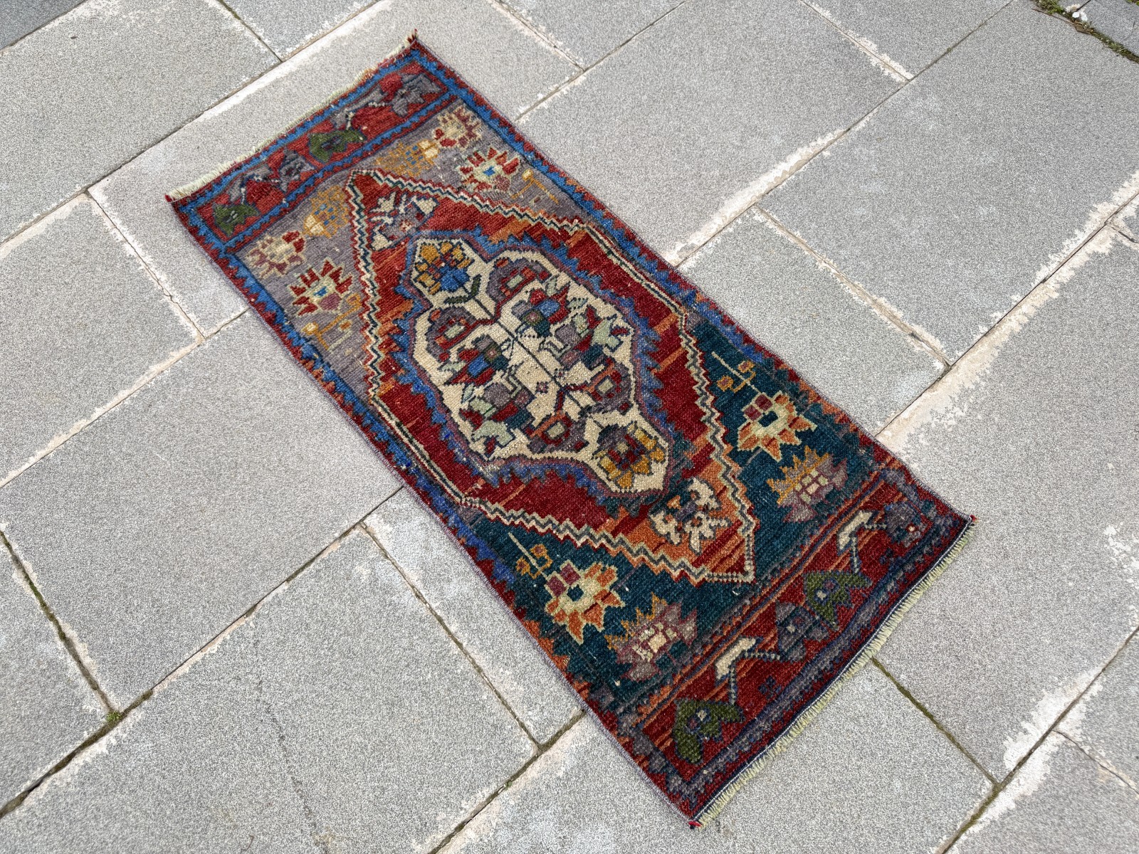 Vintage Turkish Rug 1.3×3.1 ft Faded Red Navy Blue Boho Accent Rug