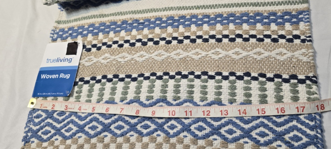 2 NEW True Living Woven Scatter Rug Blue/ Green/ Off White – about 18 ”x28”