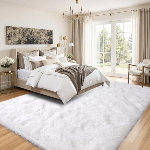 Rezutan Large 8×10 Area Rug – White Soft Shag Rugs for Bedroom