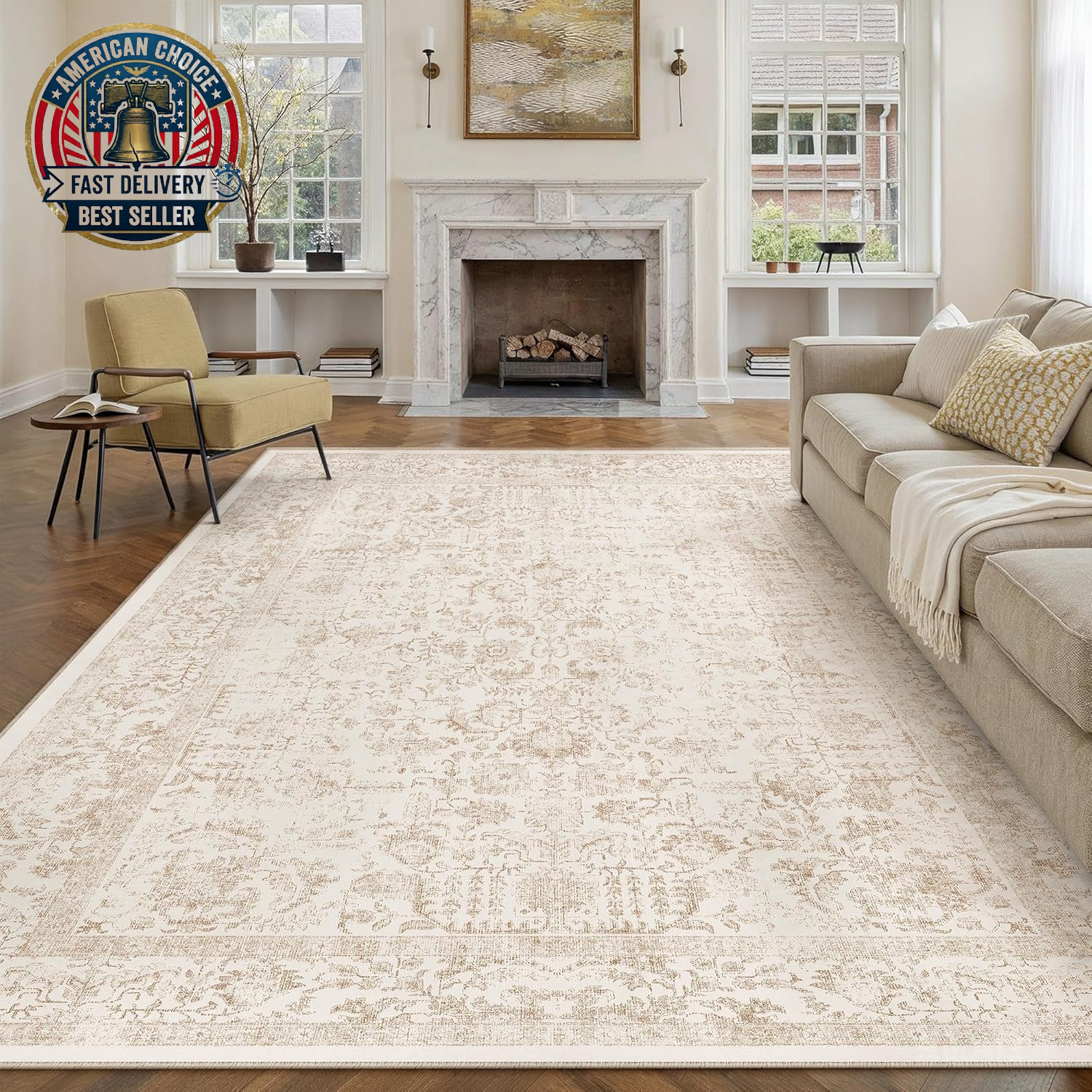Beige Area Rug 10X12 Machine Washable Large Vintage Living Room Distressed Non S