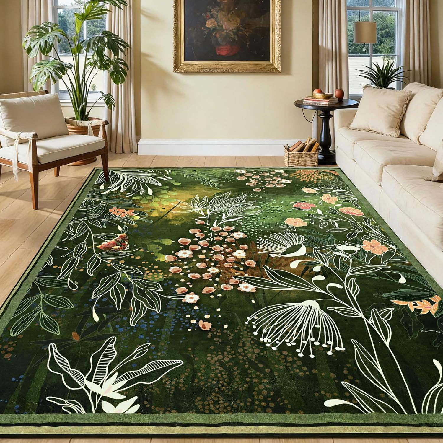 Boho Dark Green 5X7 Washable Area Rug, Soft Floral Non-Slip Carpet