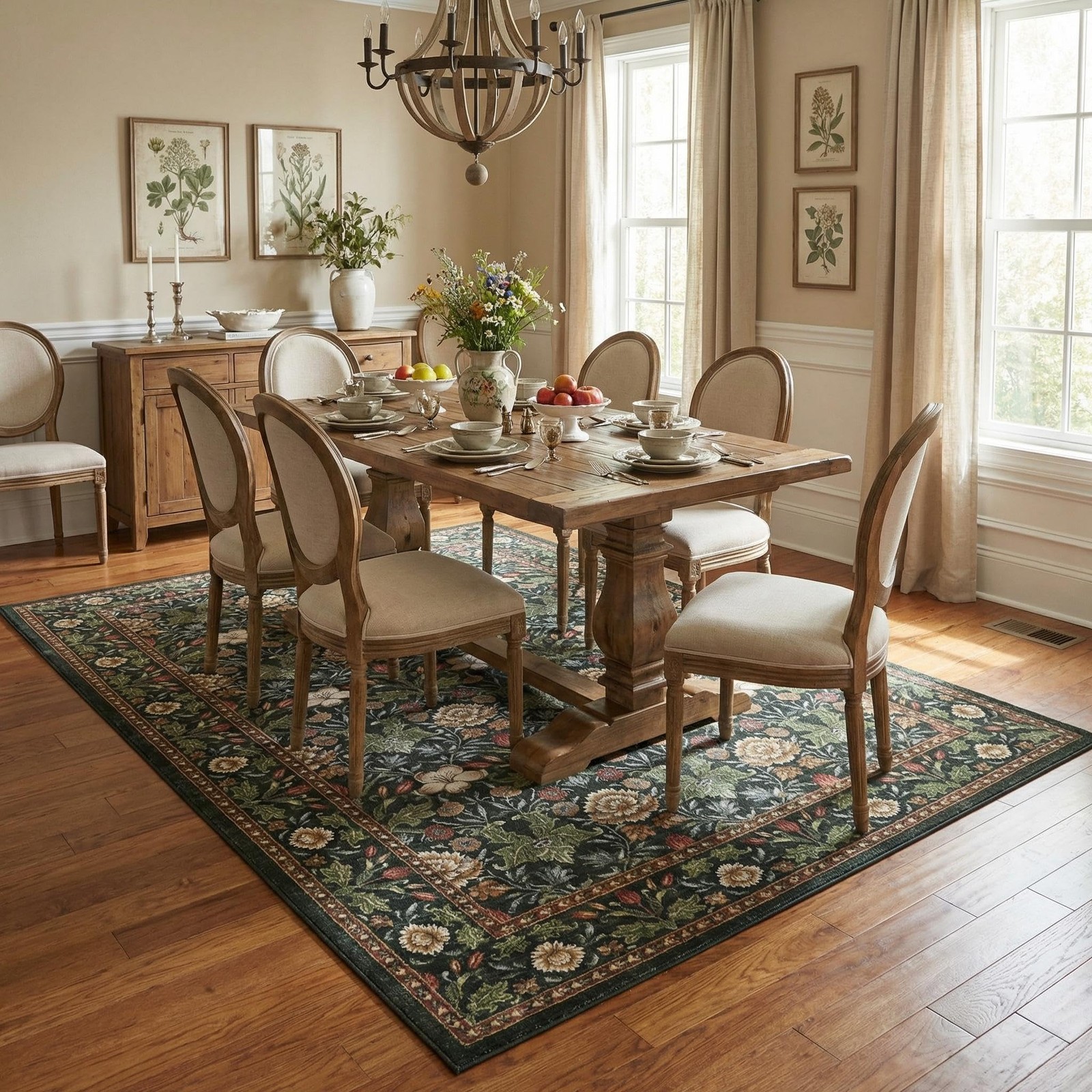 GarveeHome Green Washable Area Rug 5×7, Retro Floral Low Pile Non Slip Living