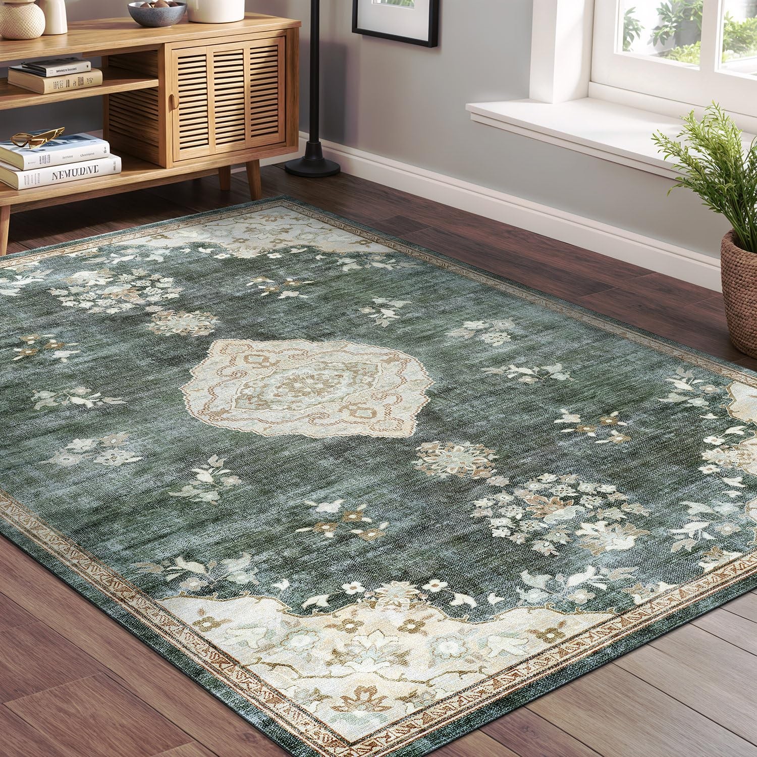 New Beverly Rug Non Slip Rugs 5×7 Boho Medallion Floral Skid Rubber Backing Easy