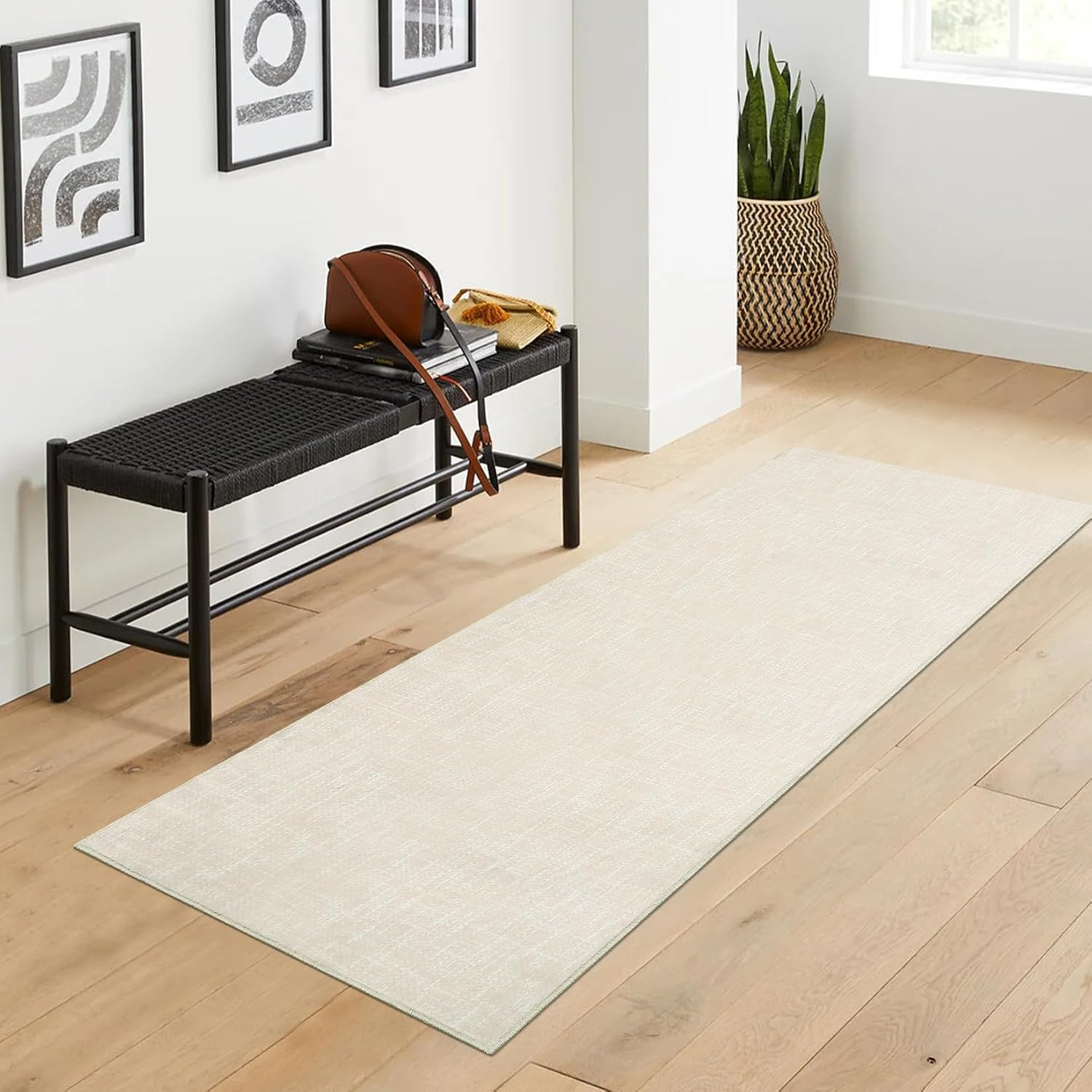 Entryway Rug 2 x 6 ft Beige Textured Solid Washable Non Slip Stain Resistant
