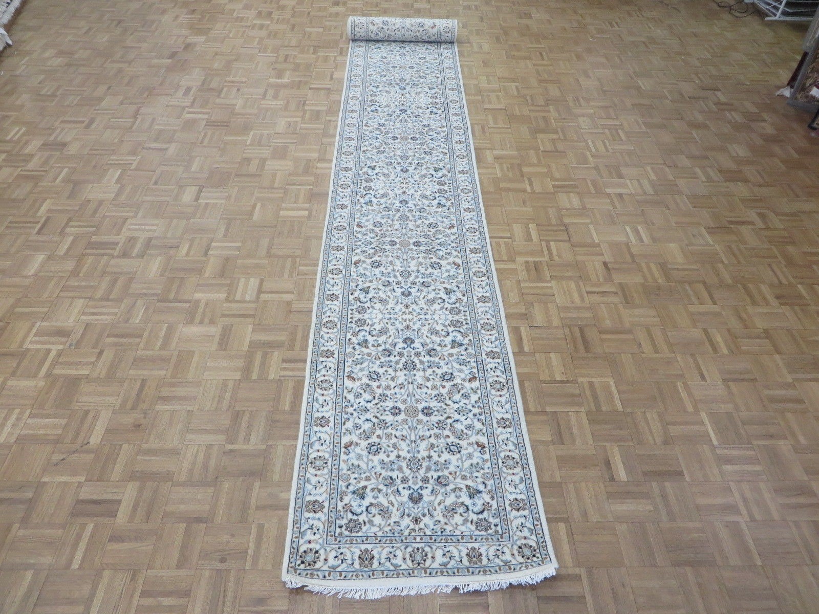 2’8 x 19’10 Hand Knotted Ivory Nain All Over Design Runner Rug With SIlk G16152