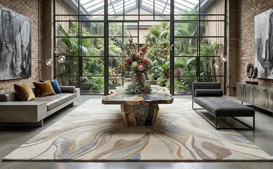 Large Abstract Hand Tufted Wool Modern Swirl Pattern Neutral Beige Gold Grey Rug