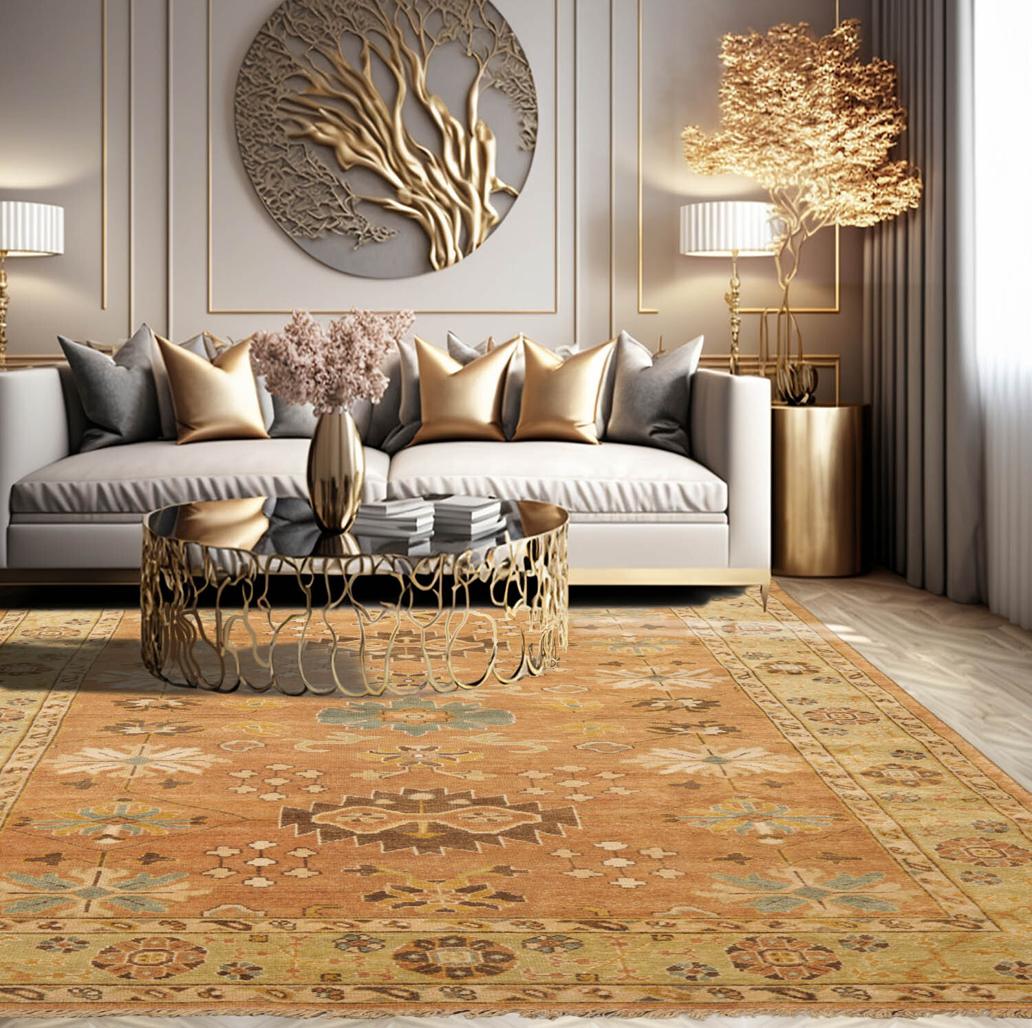 LoomBloom 6’5”x9’3″ Caramel Hand Knotted Traditional Oushak Wool Area Rug