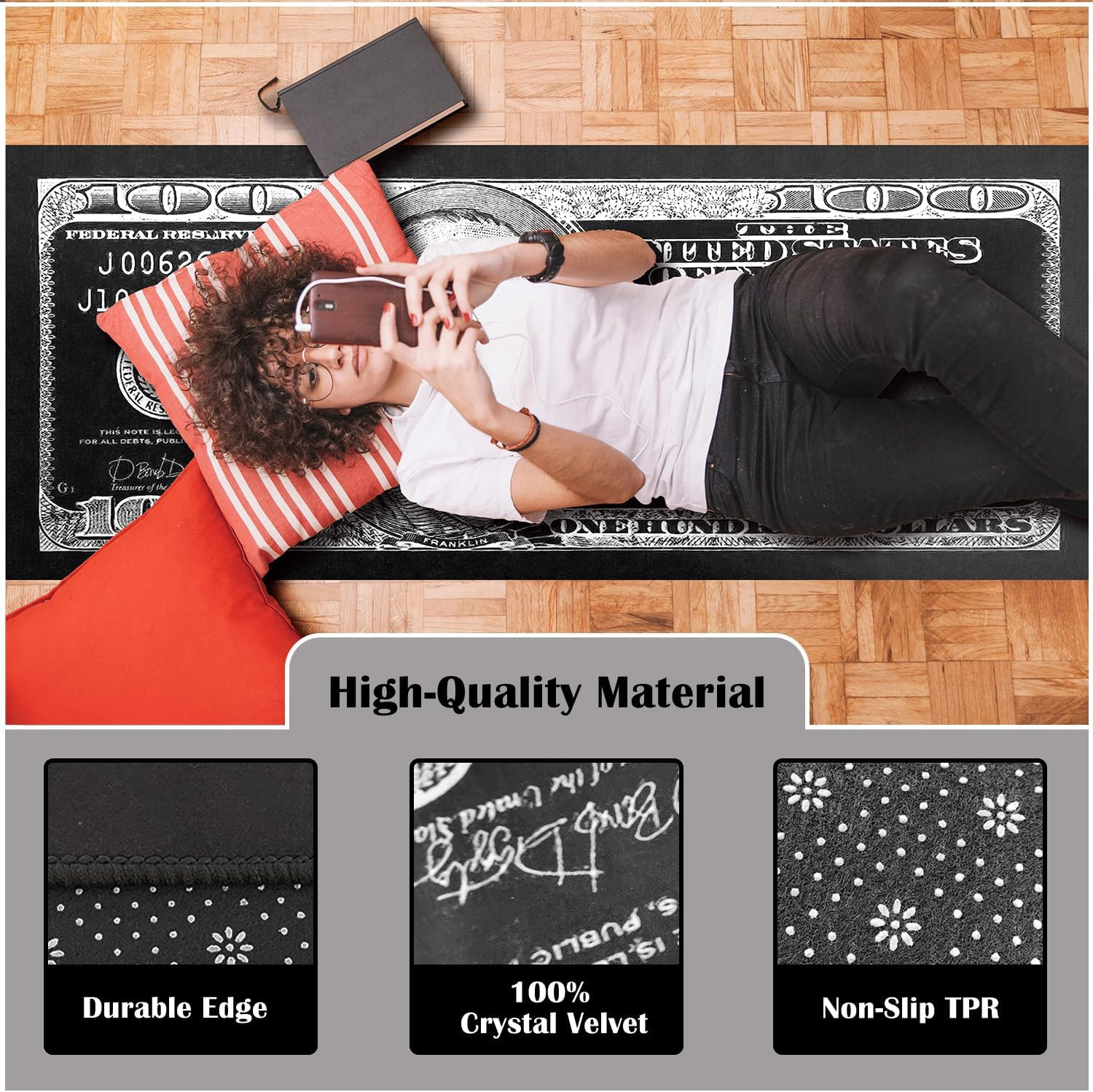 100 Dollar Bill Runner Rug for Hallway Black and White Area Rug for Bedroom Mode