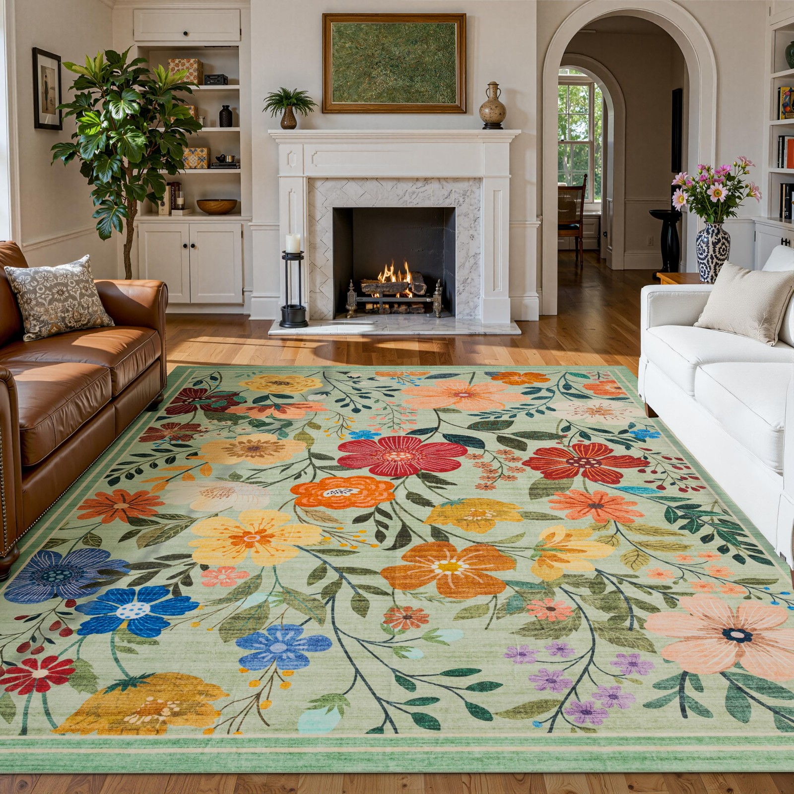 Area Rug 8’×10′ Floral Low-pile Non-Slip Wear-Resistant – Kids & Pets Friendly