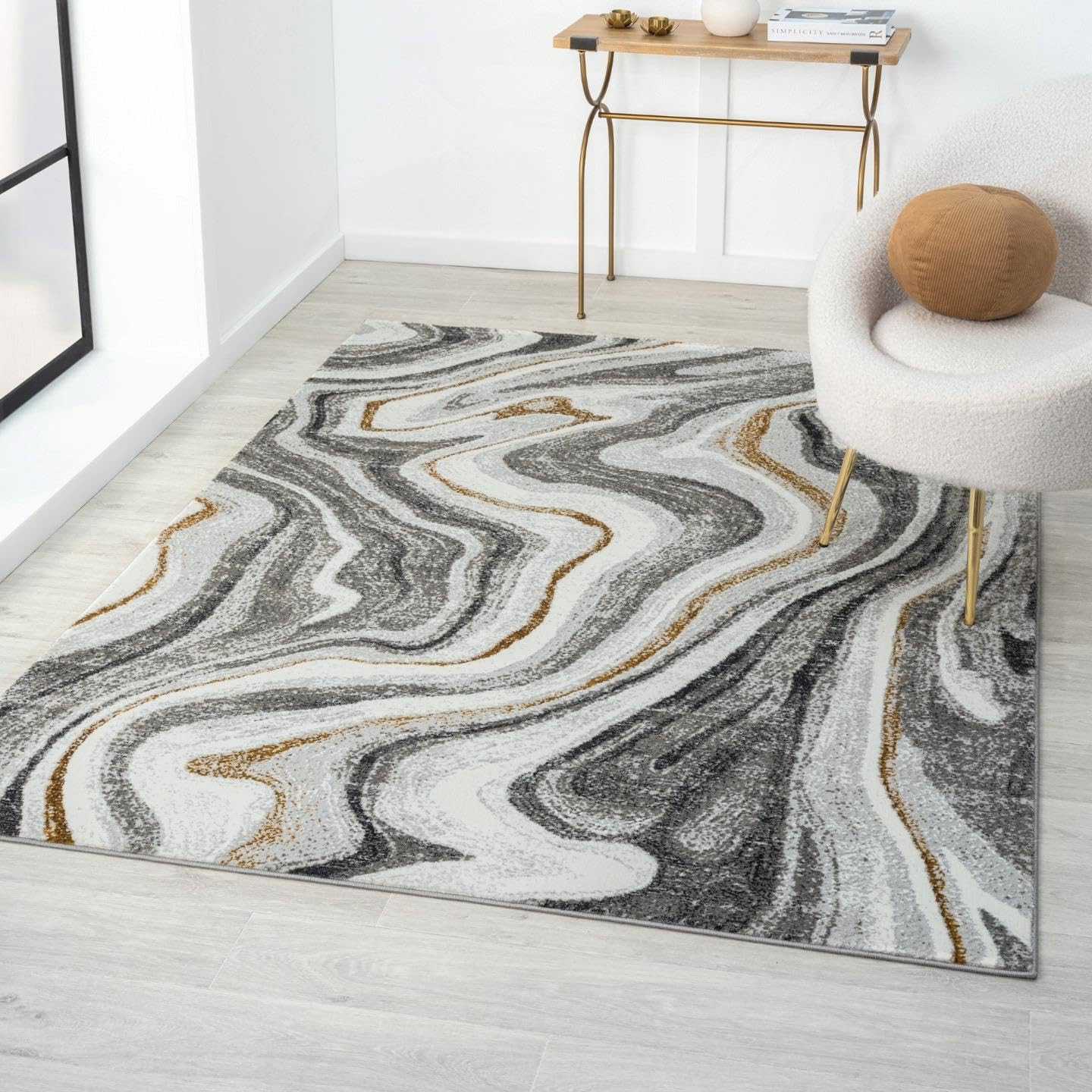 Elegant Gray Marble Swirl 5X7 Area Rug for Modern Home Decor