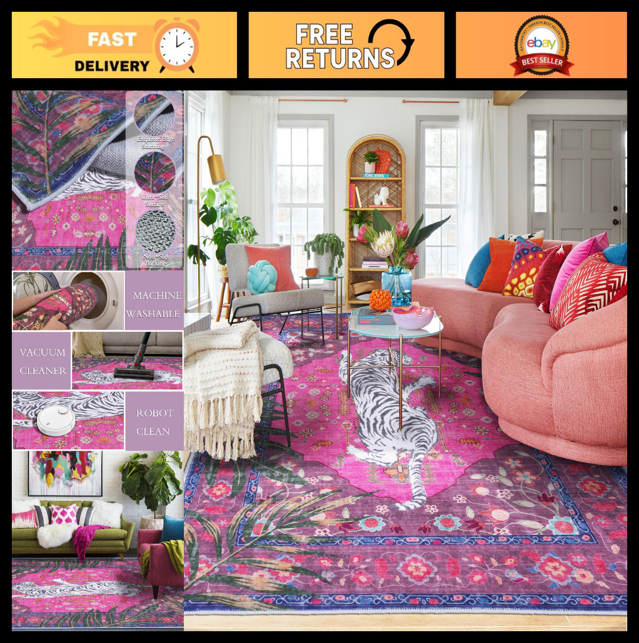 5×7 FT Hot Pink Leopard Rug – Vintage Animal Carpet for Living Room, Bedroom, Nu