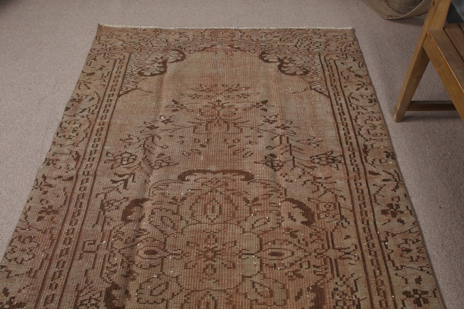 Turkish 4,8×8,7 ft Rug, Vintage Rug, Brown Striped Wool Rug