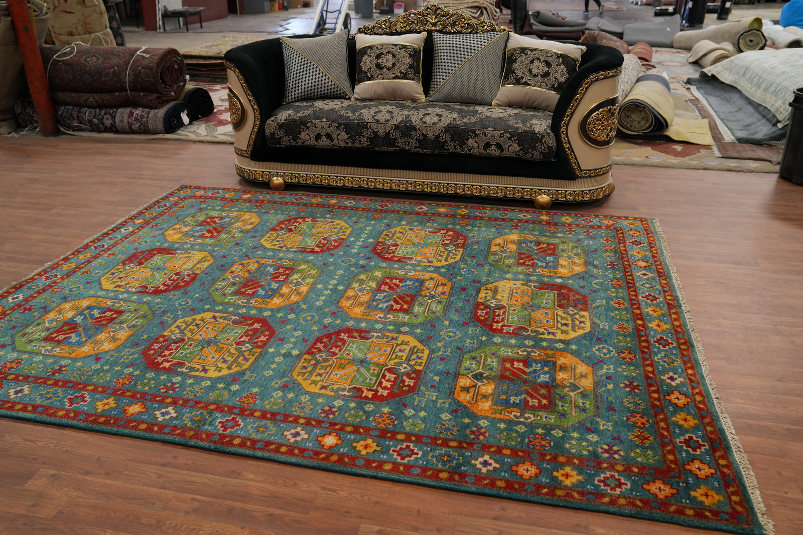 Handmade Green / Teal Traditional Wool Geometric Kazak Style Area Rug 8×10 Ft