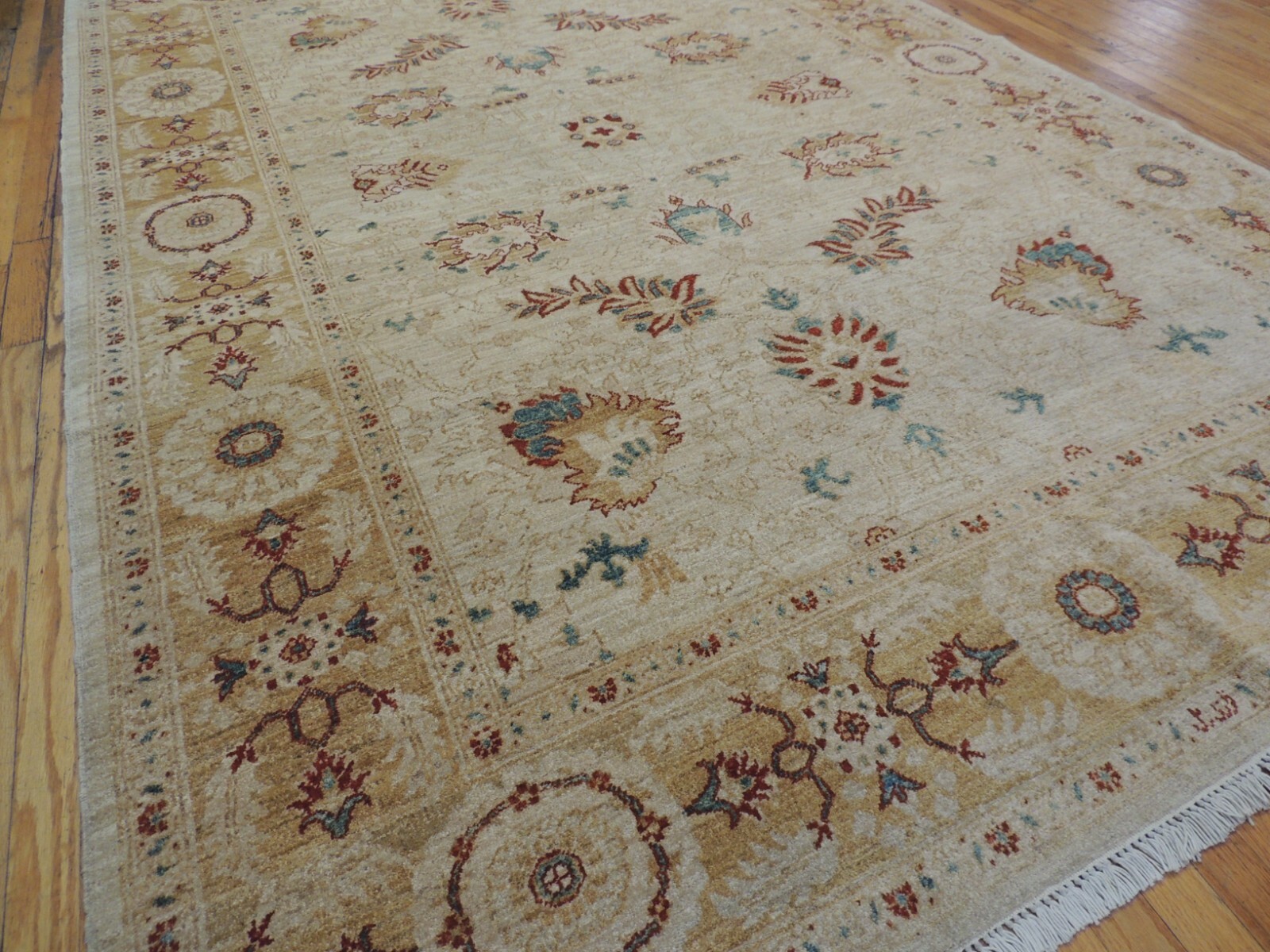 6×9 Pakistani Peshawar Vintage look rug Vegetable Dye Beige Rust Teal Blue Gold