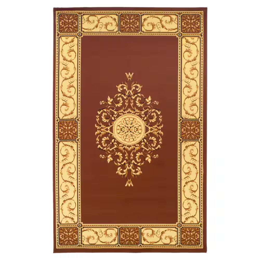 Elegant-Medallion Toffee 8 Ft. X 10 Ft. Rectangle Border Medallion Scroll Polypr
