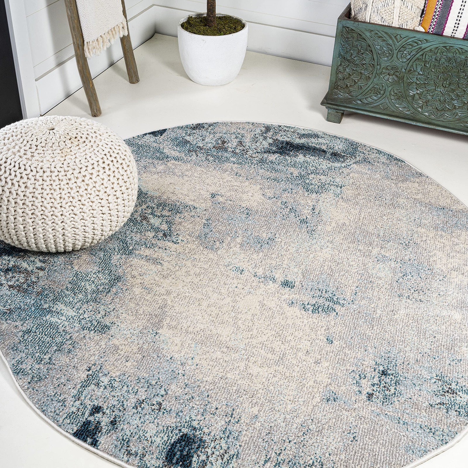 Jonathan Y Modern Abstract Vintage Cream/Blue 8 Round Indoor Area Rug