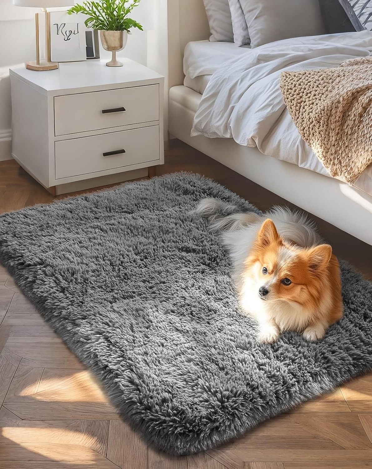 Small Rug Upgrade Non Slip Throw Bedside Area Rugs, Fluffy Soft Grey Mini Bed…