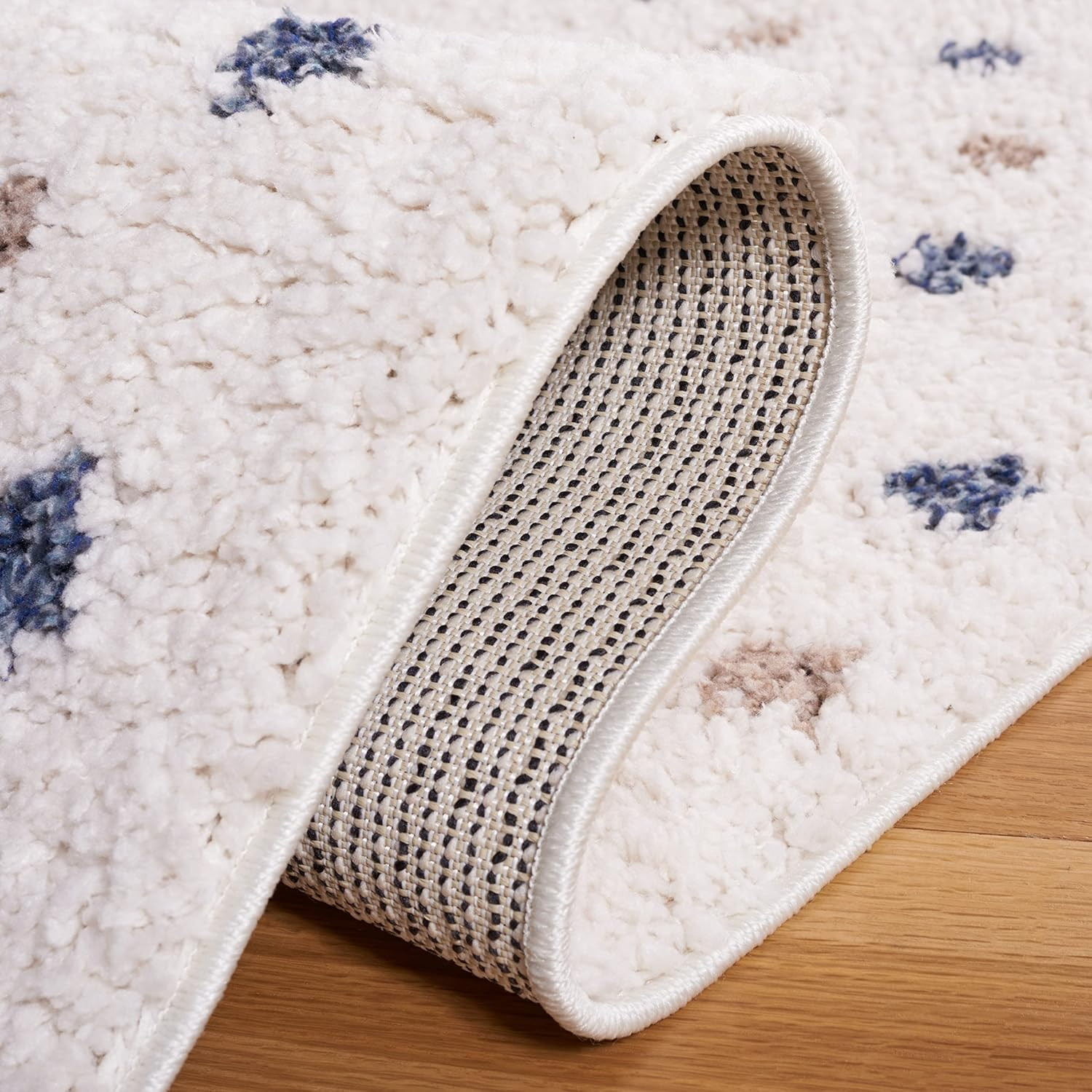 Calico Shag Area Rug 6’7″ Square, Ivory & Taupe Polka Dot, Non-Shedding